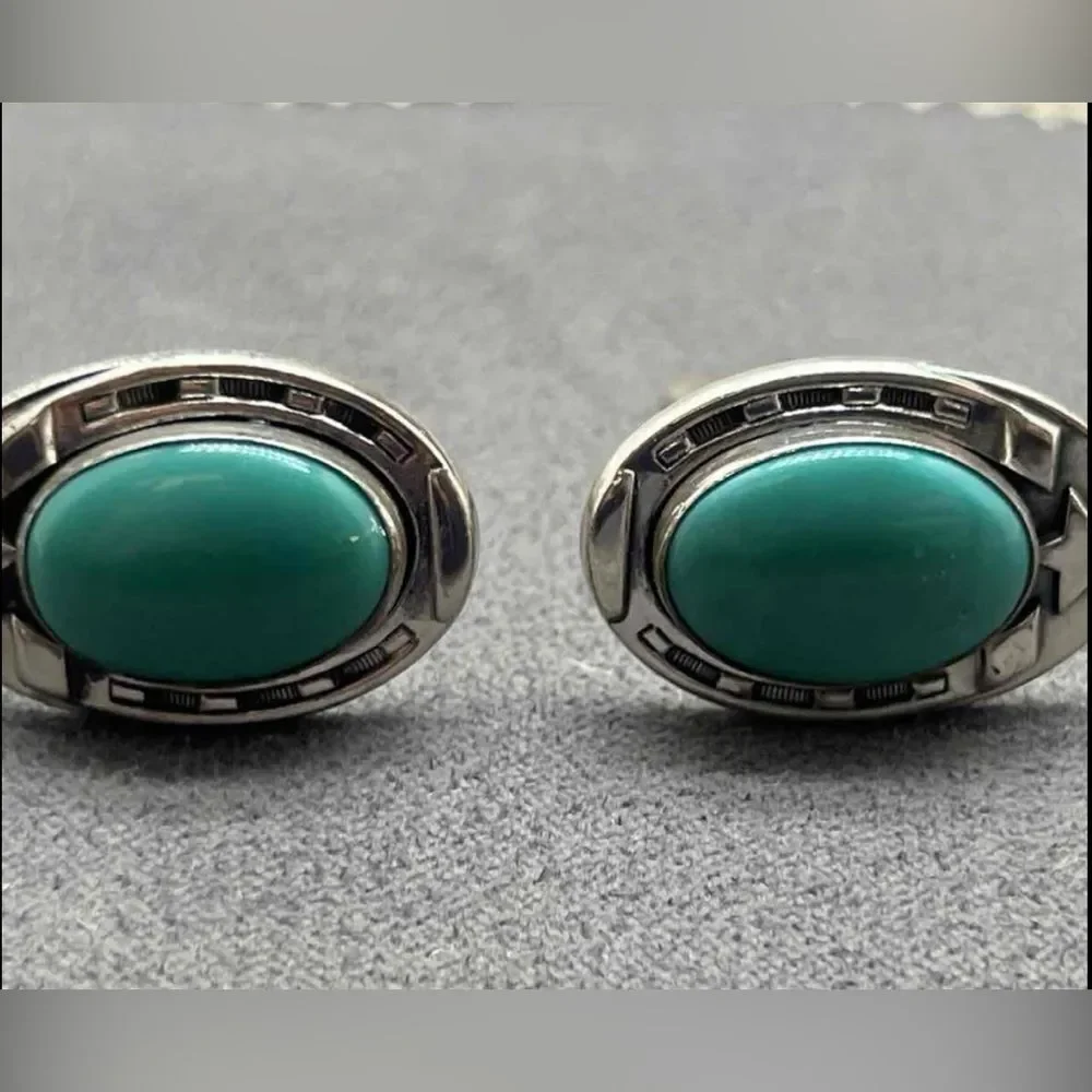 *Sheriff Star* *Western* Oval Turquoise Cabochon Sterling Cufflinks